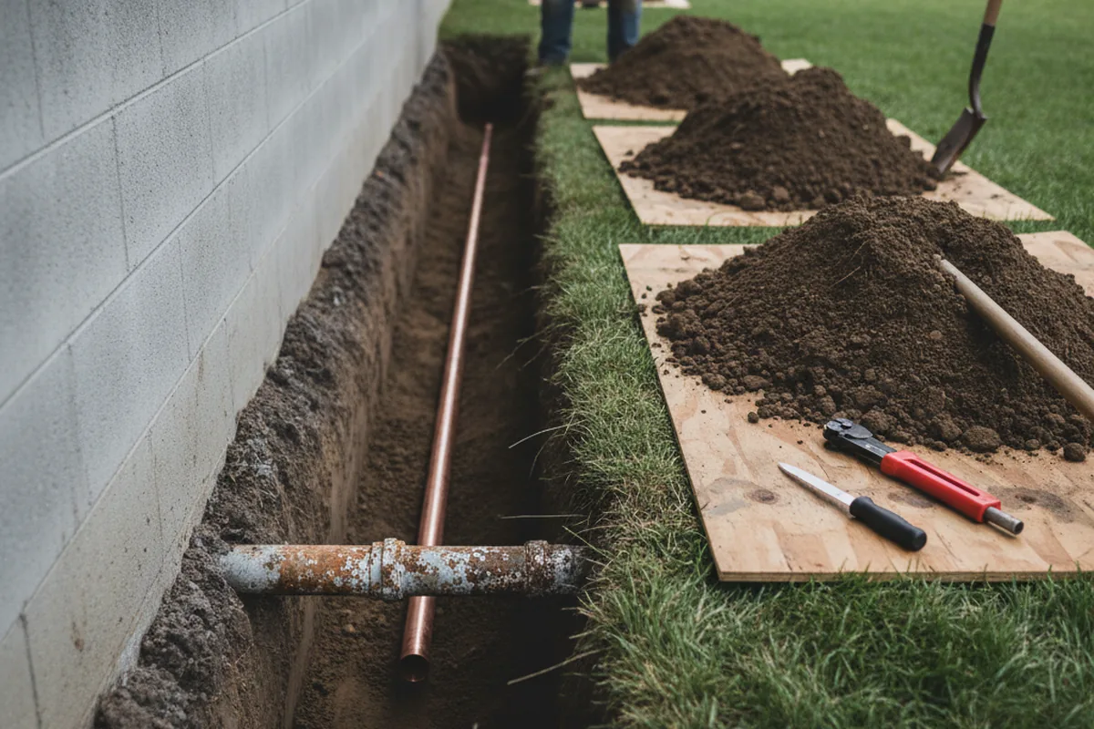 Excavated water line trench during Sewer Line Repair in Rossiter